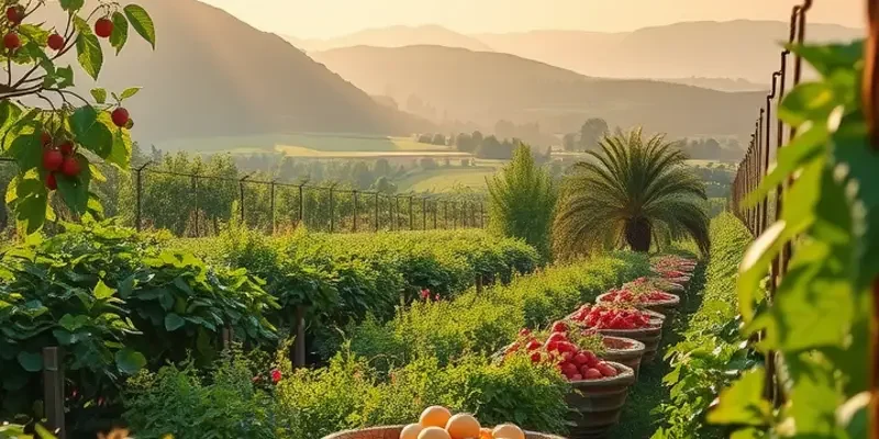 A scenic orchard showcasing lush greenery and vibrant fruits, symbolizing the freshness needed for baking moist cakes.