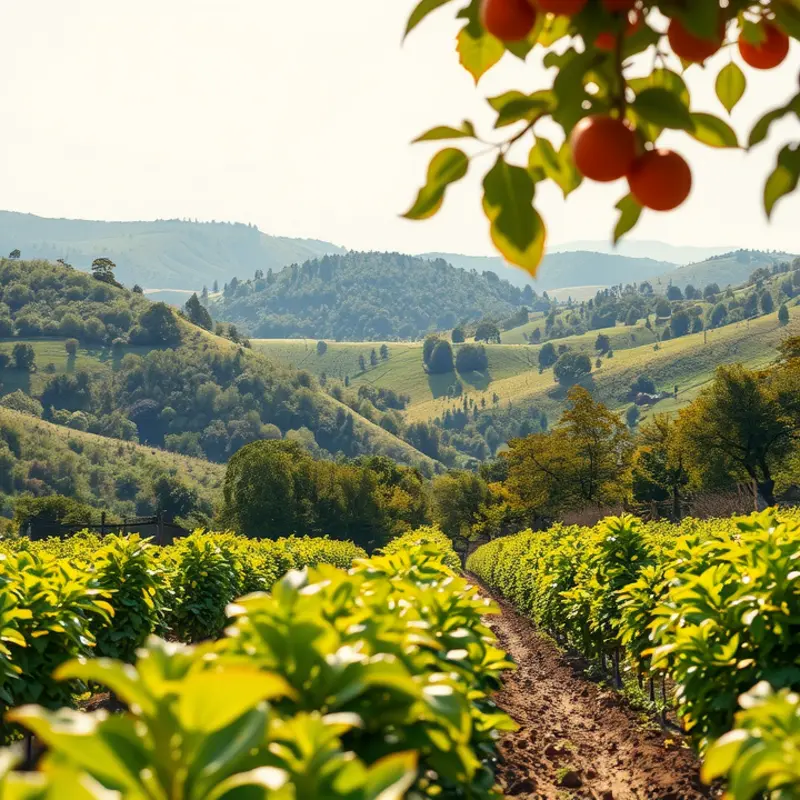 A sunlit orchard brimming with vibrant fruits and vegetables, symbolizing the freshness of natural baking ingredients.