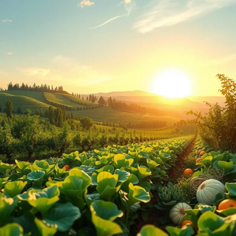 A sunlit field rich with vibrant fruits and vegetables representing natural health.