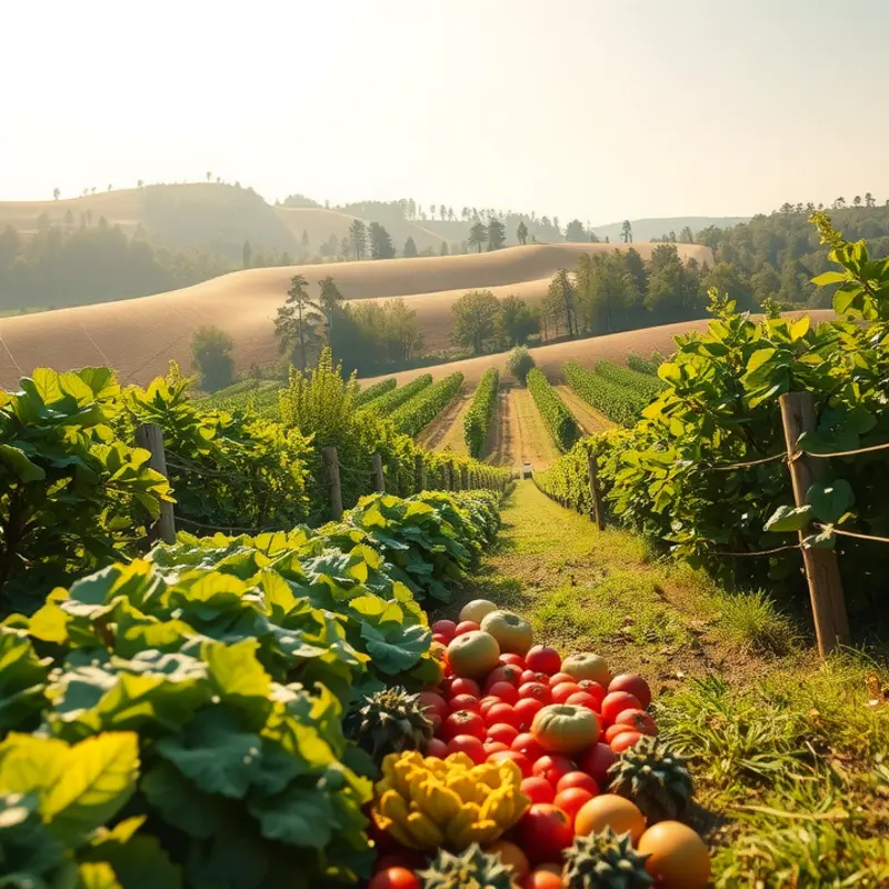 A beautifully sunlit field showcasing vibrant vegetables and fruits.