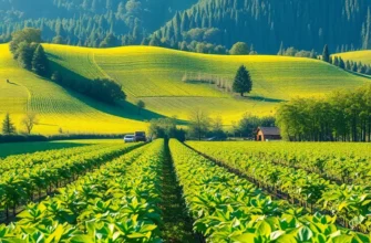 Photorealistic landscape depicting a serene view of lush greenery with vibrant fruits and vegetables.