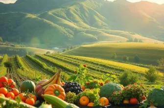 A sunlit field showcasing an array of organic vegetables and fruits in a tranquil setting.