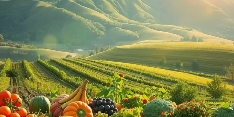 A sunlit field showcasing an array of organic vegetables and fruits in a tranquil setting.