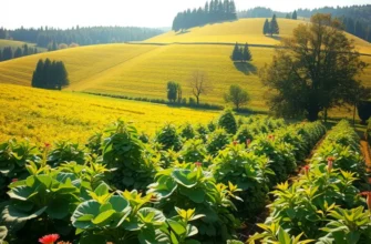 A vibrant landscape showcasing lush greenery and organic produce under sunlight.