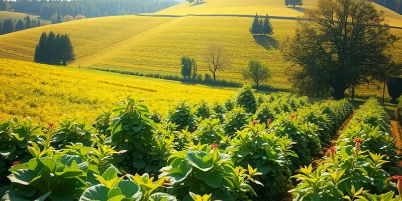 A vibrant landscape showcasing lush greenery and organic produce under sunlight.