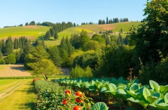 A beautiful landscape showcasing lush green fields and vibrant produce under soft lighting.