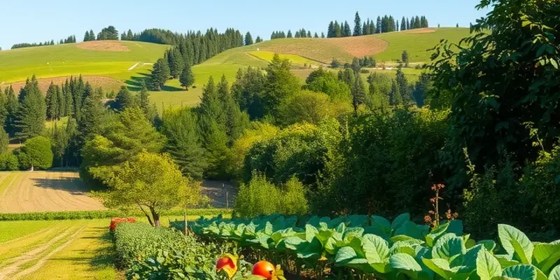 A beautiful landscape showcasing lush green fields and vibrant produce under soft lighting.
