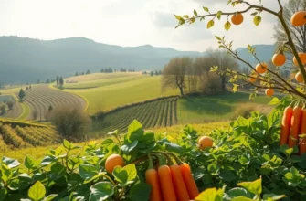 A picturesque sunlit landscape filled with organic fruits and vegetables among greenery.