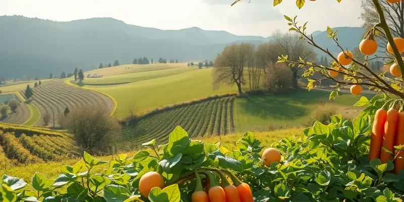 A picturesque sunlit landscape filled with organic fruits and vegetables among greenery.