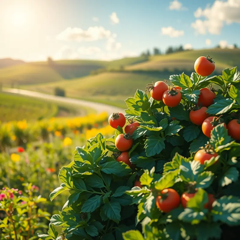 Vibrant vegetables and fruits growing naturally, symbolizing abundance and wellness.