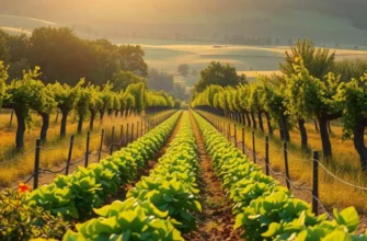 A vibrant, sunlit orchard full of fresh organic produce surrounded by greenery.