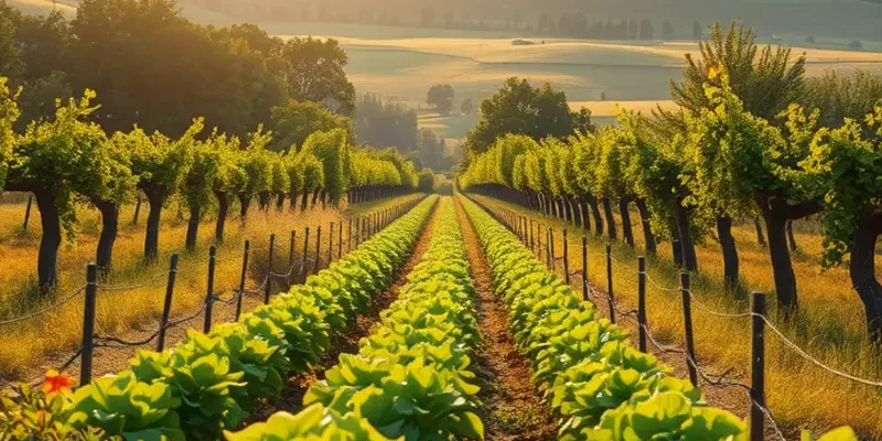 A vibrant, sunlit orchard full of fresh organic produce surrounded by greenery.