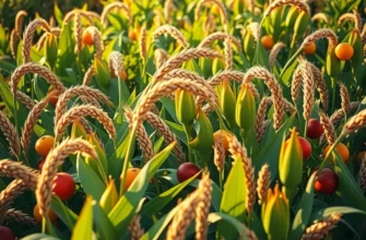 A scenic view of a field filled with whole grains and fresh fruits in a natural setting.