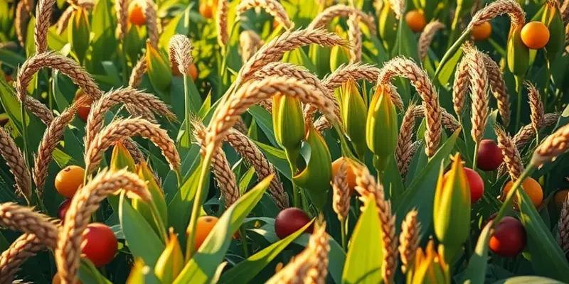 A scenic view of a field filled with whole grains and fresh fruits in a natural setting.
