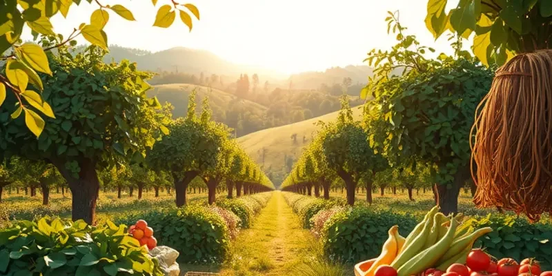 A breathtaking landscape showcasing organic fruits and vegetables under natural light.