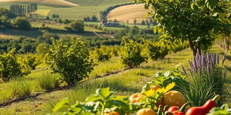 Photorealistic landscape of a field filled with organic vegetables and fruits, highlighting nature's bounty.