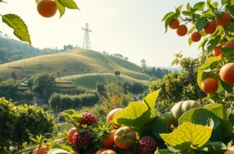 A scenic field blending nature with healthy nutrition elements, showcasing ripe fruits and vegetables.