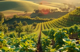 A scenic landscape of an orchard with vibrant fruits and vegetables, surrounded by greenery.