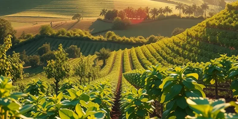 A scenic landscape of an orchard with vibrant fruits and vegetables, surrounded by greenery.