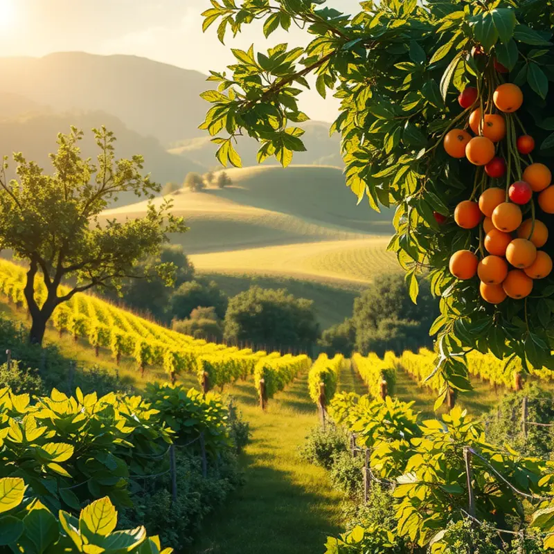 A vibrant sunlit field teeming with organic vegetables and fruits.