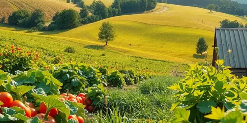 Scenic view of a lush field filled with organic fruits and vegetables, highlighting the essence of healthy eating.