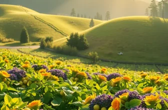 A serene landscape showcasing an orchard filled with colorful fruits and vegetables.