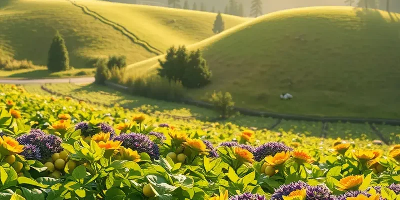 A serene landscape showcasing an orchard filled with colorful fruits and vegetables.