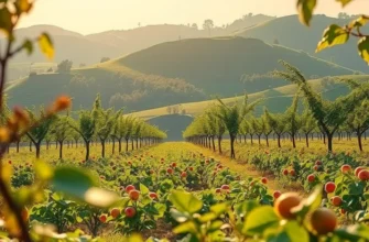 A serene view of a natural landscape filled with colorful fruits and vegetables in an organic setting.