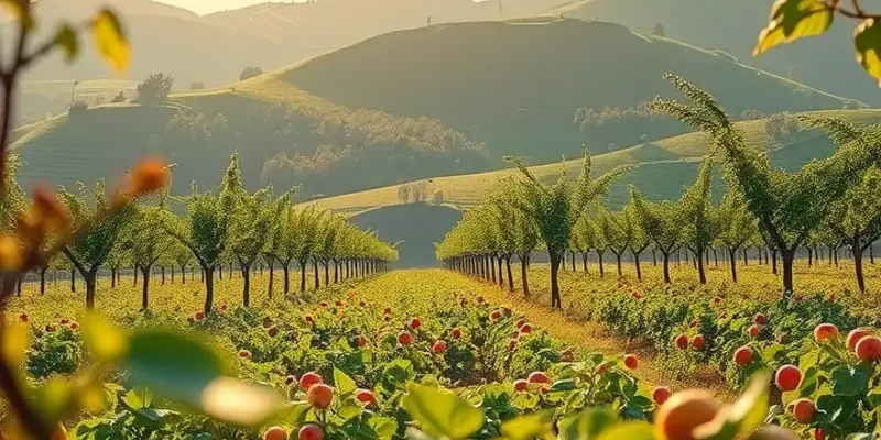 A serene view of a natural landscape filled with colorful fruits and vegetables in an organic setting.