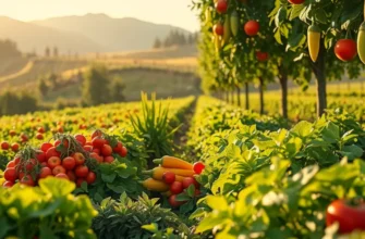 A sunlit field brimming with vibrant fruits and vegetables, representing healthy food choices.