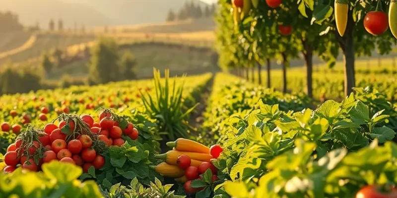 A sunlit field brimming with vibrant fruits and vegetables, representing healthy food choices.