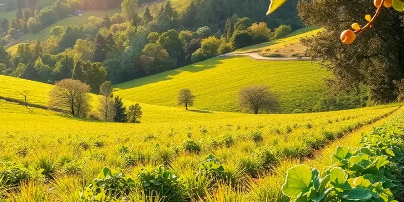 A scenic sunlit field enriched with vibrant fruits and vegetables amidst lush greenery.