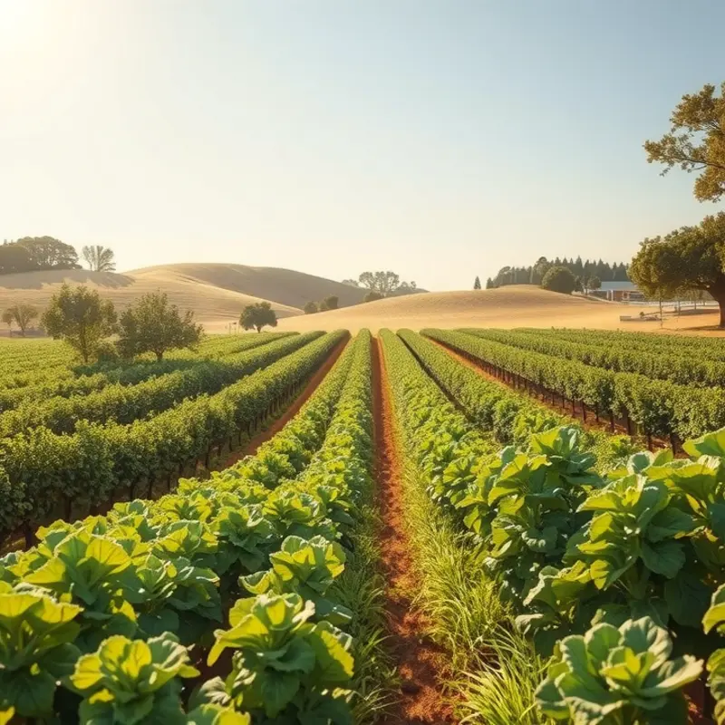 A vibrant organic orchard filled with fresh vegetables and fruits, representing the nourishment of mindful eating.