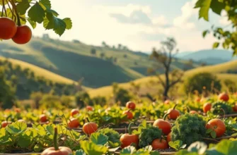 A beautiful sunlit orchard showcasing vibrant fruits and vegetables in a natural landscape.