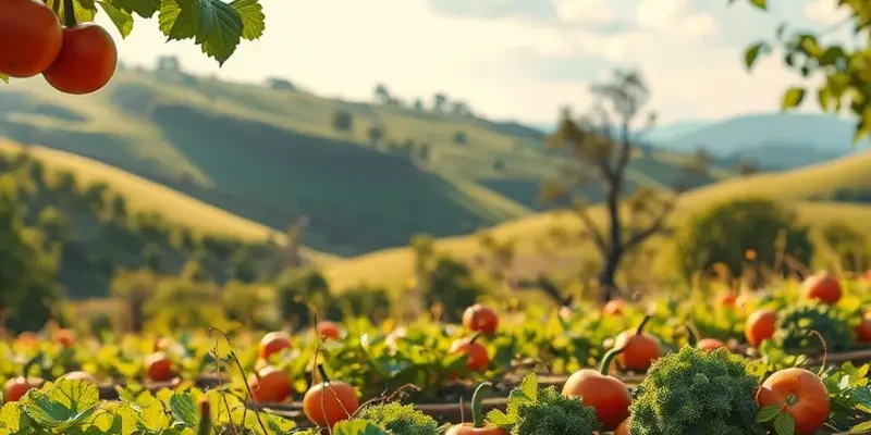 A beautiful sunlit orchard showcasing vibrant fruits and vegetables in a natural landscape.