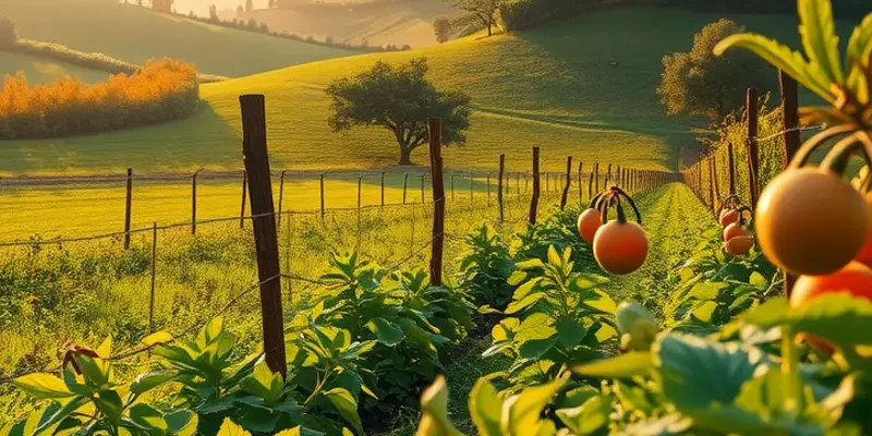 A picturesque sunlit field showcasing an array of vegetables and fruits, embodying the connection between nature and nourishment.