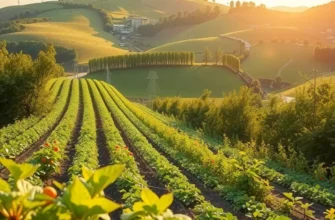 A lush organic field filled with colorful vegetables and fruits under warm sunlight.