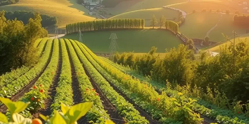 A lush organic field filled with colorful vegetables and fruits under warm sunlight.