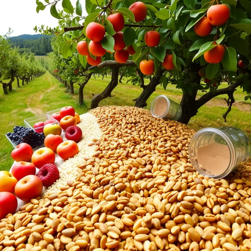 Natural grains and fruits in a vibrant sunlit field.