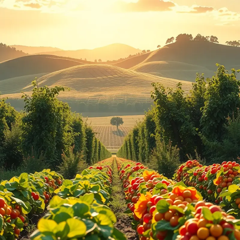 A sunlit field lush with organic fruits and vegetables, depicting the abundance of natural nutrients.