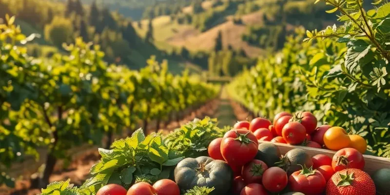 A lush and vibrant orchard with various fruits and vegetables flourishing under warm sunlight.