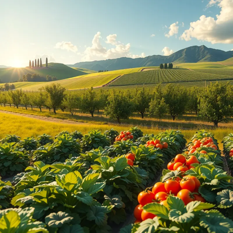 A sunlit field lush with organic fruits and vegetables, depicting the abundance of natural nutrients.