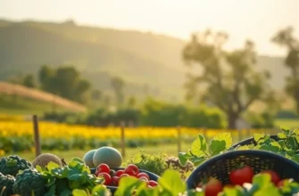 A beautiful sunlit field with healthy vegetables and fruits growing, symbolizing the foundation of good nutrition.