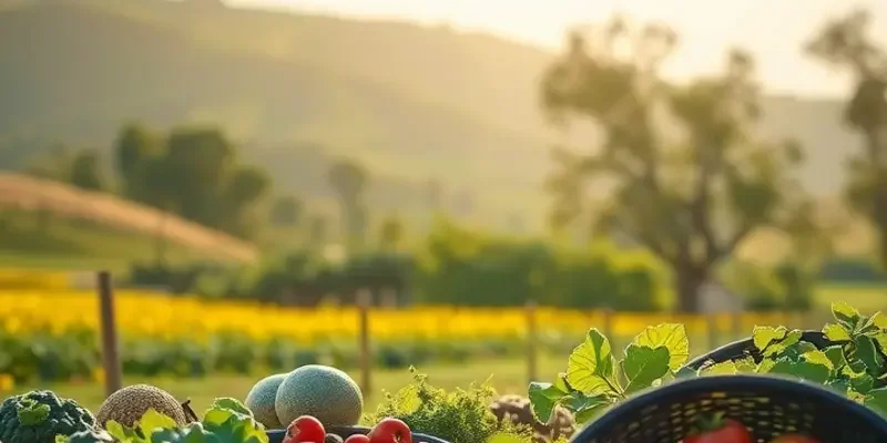 A beautiful sunlit field with healthy vegetables and fruits growing, symbolizing the foundation of good nutrition.