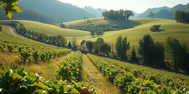 A scenic view depicting an abundance of fruits and vegetables in a sunlit field, representing the importance of healthy nutrition.