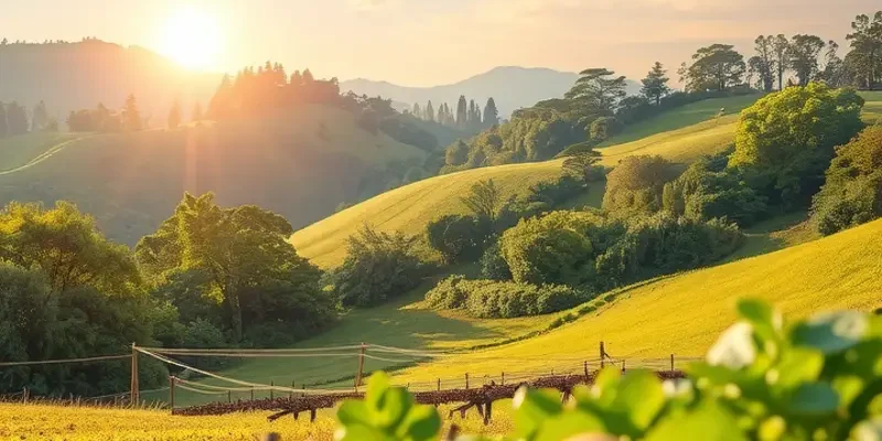 A scenic view depicting a sunlit field of organic fruits and vegetables symbolizing gut health nutrition.