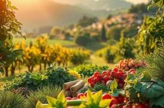 A serene landscape showcasing healthy nutrition elements with lush greenery and vibrant produce.