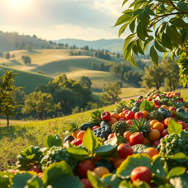 A sunlit field where vibrant fruits and vegetables grow naturally, illustrating the abundance of whole foods.