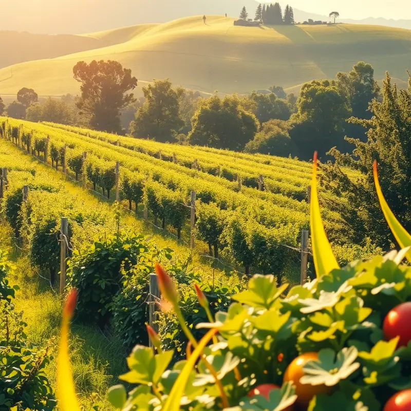 A serene landscape showcasing fresh vegetables and fruits in a natural setting.