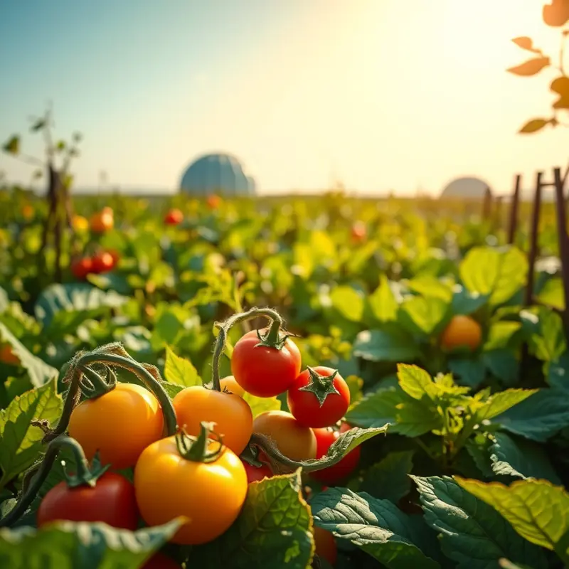 A vibrant sunny field showcasing an array of fresh vegetables and fruits.